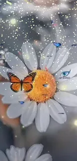 Mobile wallpaper with butterfly on a daisy flower and dreamy background.