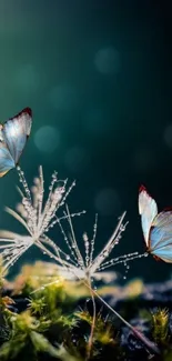 Blue butterflies resting on a dewy dandelion with a teal background.