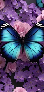 Blue butterfly on a floral background with pink and purple flowers.