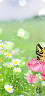 Vibrant butterfly on pink flowers in a green meadow.