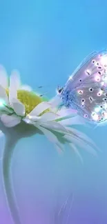 A vivid blue butterfly rests on a daisy against a light blue background.