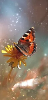 A butterfly rests on a yellow flower with a dreamy background.