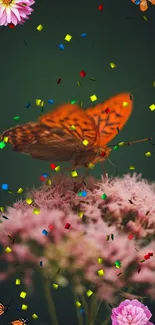 Colorful wallpaper with butterfly and flowers, vibrant nature theme.