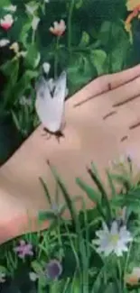 A butterfly gently rests on a hand amidst lush green grass and vibrant flowers.