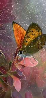 A vibrant orange and brown butterfly perched on leaves with a blurred background.