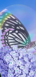 Butterfly perched on lilac flowers within a rainbow bubble.