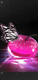 Butterfly on a glowing pink gem in neon light.