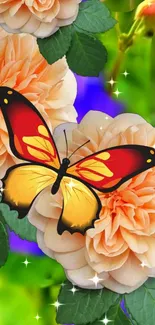 A vibrant butterfly on peach roses with green leaves and sparkling effects.