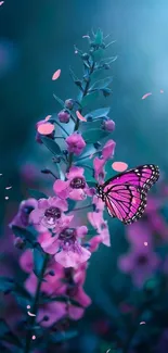 Bright pink butterfly on lush flowers under a vivid blue sky.