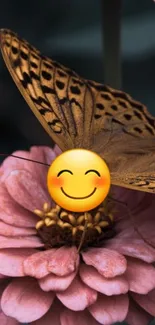 Vibrant butterfly resting on pink flower with dark green background.