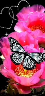 Butterfly resting on vibrant pink flowers with glittering hearts on dark background.