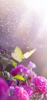 Butterfly gracefully sits on vibrant pink flowers, bathed in soft sunlight.