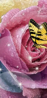 Vibrant butterfly on a pink rose with sparkles, perfect for a nature-themed wallpaper.