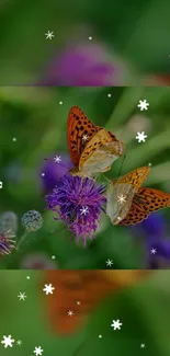 Butterfly rests on purple flower amidst green background with white snowflakes.