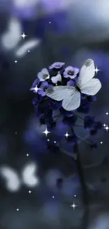 White butterfly on purple flowers in dark tones wallpaper.