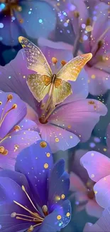 Golden butterfly perched on vibrant purple flowers.