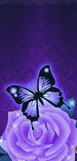 Elegant wallpaper with a black butterfly on a purple rose, surrounded by glowing details.