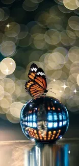 Butterfly perched on a reflective sphere with a bokeh light background.