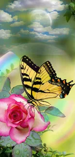 Butterfly resting on a rose with a peaceful natural background.