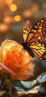 Butterfly resting on a dewy orange rose amidst bokeh lights.