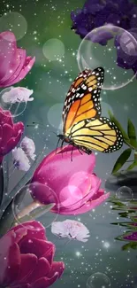 Vibrant butterfly resting on pink tulips with sparkling bubbles in dreamlike scene.