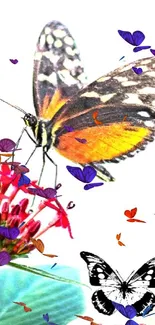 A butterfly perched on a red flower with green leaves in the background.