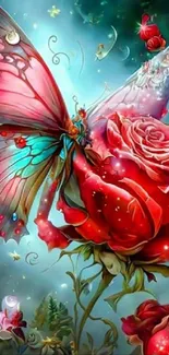 Vibrant butterfly rests on red rose with fantasy artistic details.