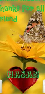 Butterfly on a yellow flower with candles and heart decoration.