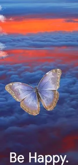 Purple butterfly flying above an orange and blue cloudscape with 'Be Happy' text.