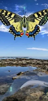 Butterfly flying over coastal rocks under a vibrant blue sky.