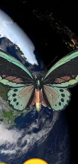 Illustrated butterfly soaring above Earth in a dark cosmic setting.