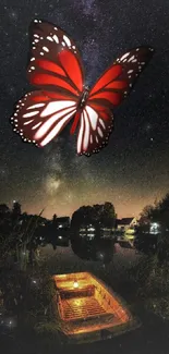 Red butterfly flying over a moonlit lake under a starry night sky.