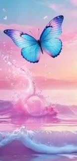 Vibrant butterfly over ocean waves at sunset.
