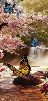 Butterfly and cherry blossom mobile wallpaper with a waterfall.