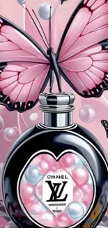 Butterfly on perfume bottle with pastel colors.