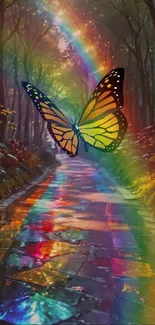 A butterfly flying over a rainbow-lit forest path.