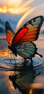 Butterfly gracefully reflected on a lake during sunset.