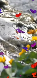 Colorful butterflies over a reflective river with vivid green foliage.