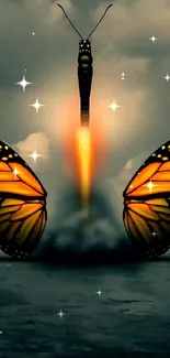 Butterfly transforming into a rocket against a dramatic sky, symbolizing innovation.