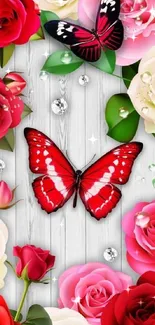 Red butterflies and colorful roses on wood.