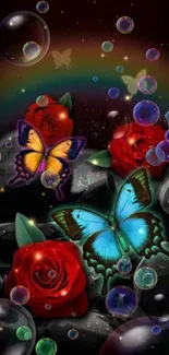 Vibrant wallpaper with colorful butterflies, red roses, and a rainbow.