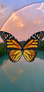 Butterfly with rainbow and lake background wallpaper.