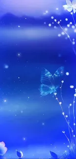 Blue wallpaper with butterflies and floral elements.