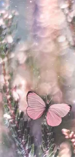 Delicate pink butterfly on floral background wallpaper.