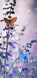 Serene mobile wallpaper with butterflies on lavender flowers.