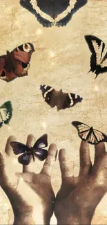 Hands releasing butterflies on a vintage background wallpaper.