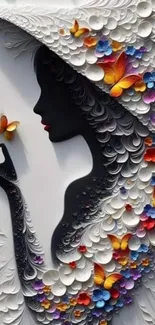 Silhouette of woman with butterflies on mobile wallpaper.