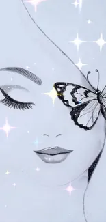 Butterfly sketch on serene face with starry sparkles wallpaper.