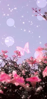 Dreamy pink sky with butterflies and flowers