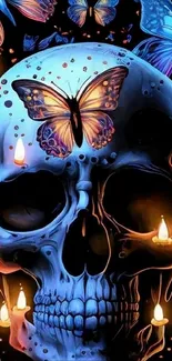 Fantasy skull with butterflies and candles wallpaper.